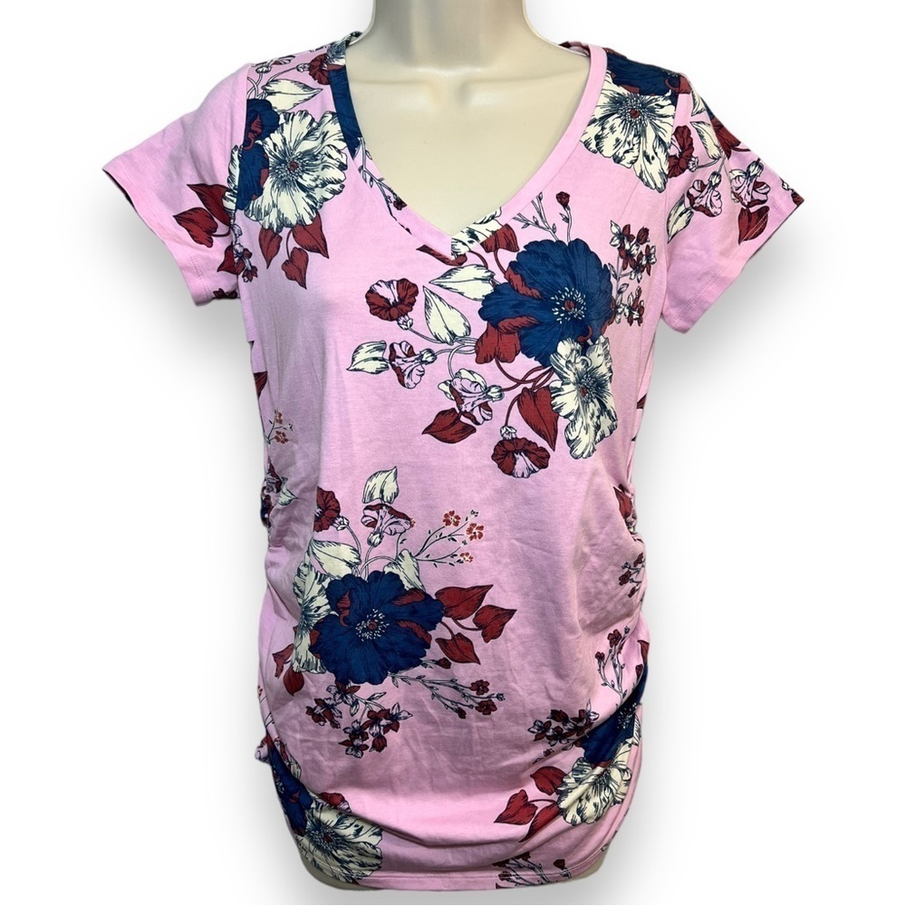 MOTHERHOOD Maternity Pink Floral Side Ruched V-neck Tee Size Small